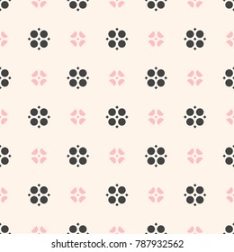 Vector floral ornament seamless pattern in oriental style. Elegant texture with simple geometric flower shapes. Abstract background in trendy colors, black, pink and beige. Design for decor, textile