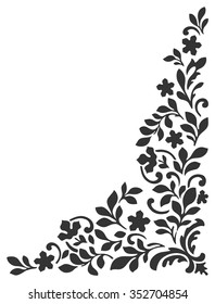 Vector Floral ornament silhouette on white background. Triangle design. Nature pattern. Leaves and flowers. Vintage style
