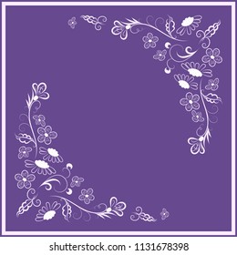 Vector floral ornament in a square, design of a headscarf, bandanas, hijab, napkins drawing contour line by hand on an ultra violet background