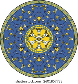 Vector floral ornamental circle in Oriental, Turkish, Arabic style, non-AI generated. Human-made, great for colorful ethnic backgrounds, medallions, wedding decorations, greeting cards, wallpapers.