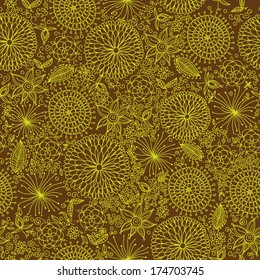 Vector floral ornamental seamless pattern in green, brown and yellow colors