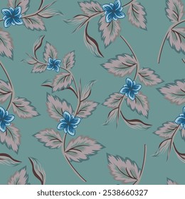 Vector floral ornamental seamless pattern in blue colors. Hand drawn flowers and fruits. Winter floral background