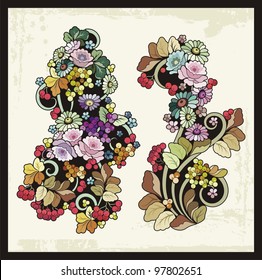 Vector floral ornamental set in Russian traditional style.