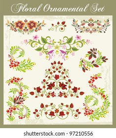 Vector floral ornamental set in traditional Russian style.