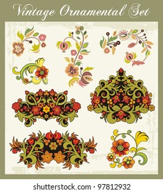 Vector floral ornamental set in traditional Russian style.