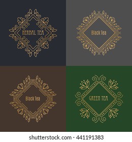 Vector floral outline frames and borders - abstract logo design templates for tea, coffee and organic shops.