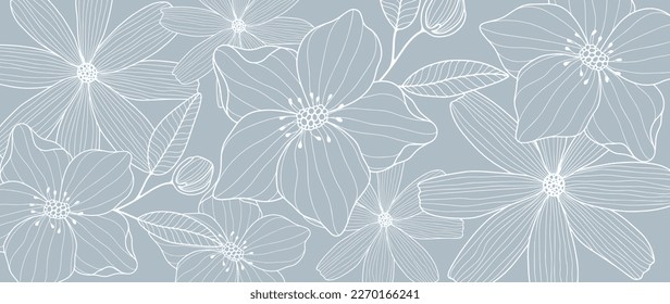 Vector floral pale blue illustration with flowers, daisies, branches, leaves and buds for decor, covers, backgrounds, wallpapers