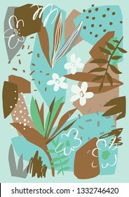 Vector floral paper cut shapes. Cutout flowers, plants and abstract doodle elements. Flat botanical background for postcard, print, banner, poster.