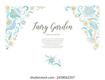 Vector floral pastel pattern, corner vignette, border, card design template. Bird. Elements in Oriental style. Floral frame, premade card. Arabic ornament. Isolated ornaments. Ornamental decoration