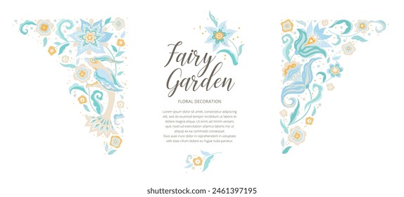 Vector floral pastel patrón, esquina viñeta, borde, tarjeta de diseño Plantilla. Pájaro. Elementos de dibujo a mano, estilo oriental. Marco floral, tarjeta prefabricada. Adorno árabe. Adornos aislados. Decoración ornamental