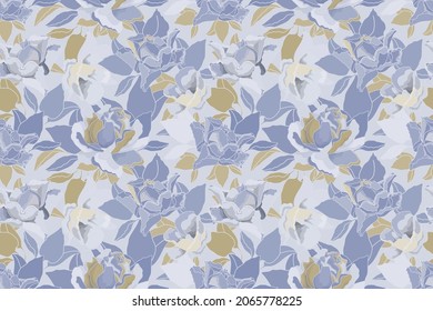 Vector floral pastel seamless pattern. Blue and golden roses and leaves isolated on a light background. For decorative design of any surfaces.
