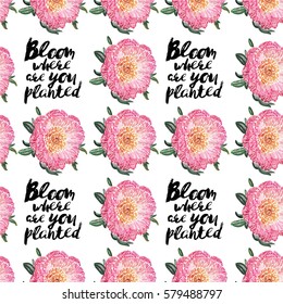 Vector floral patch embroidery in watercolor style. Beautiful rose flowers and quote inscription: bloom where are you planted. Vintage elements on white wallpaper background. Seamless pattern.