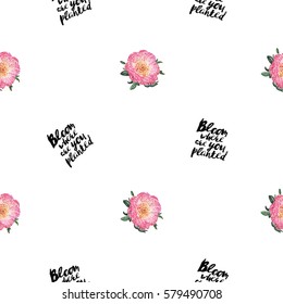Vector floral patch embroidery in watercolor style. Beautiful rose flowers and quote inscription: bloom where are you planted. Vintage elements on white wallpaper background. Seamless pattern.