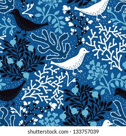 vector floral pattern with abstract birds and plants