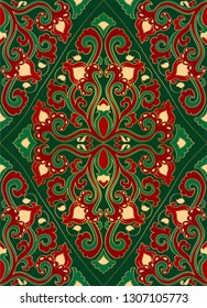 Vector floral pattern. Abstract filigree ornament. Green and red template for textile, shawl, carpet. 
