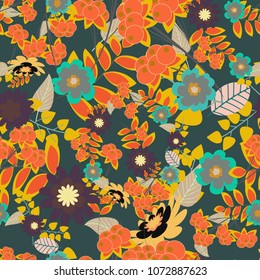 Vector floral pattern with abstract flowers. Grunge orange, green and gray background. Textile print for bed linen, jacket, package design, fabric and fashion concepts. Abstract seamless design.