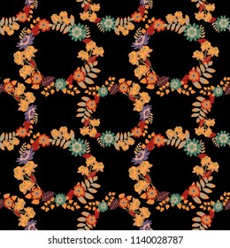 Vector floral pattern with abstract flowers. Abstract seamless design. Grunge black, orange and brown background. Textile print for bed linen, jacket, package design, fabric and fashion concepts.