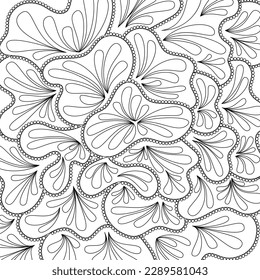 Vector floral pattern with abstract shapes, petals, and circles. Thin hand-drawn black lines on white background. Vector background for banner, poster, web and packaging