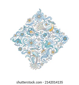 Vector floral pattern with birds, vignette, border, card design template. Elements in Eastern style. Ornate decoration, floral illustration. Arabic ornament. Isolated ornaments. Ornamental decoration 