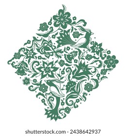 Vector floral pattern with birds, vignette, border, card design template. Elements in Oriental style. Ornate decoration, floral silhouette illustration. Arabic ornament. Isolated ornaments. Ornamental