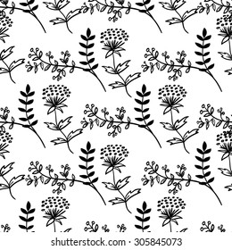 Vector Floral Pattern with blooming flowers and leaves. Seamless hand drawn doodle background for textile or wallpaper