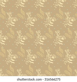 Vector Floral Pattern with blooming flowers and feathers. Seamless hand drawn doodle background for textile or wallpaper