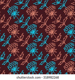 Vector Floral Pattern with blooming flowers and leaves. Seamless hand drawn doodle background for textile or wallpaper