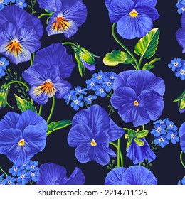 Vector floral pattern with blue flowers for your product design, cosmetics, greeting cards, gift wrapping, clothing, textiles, prints for clothes and more. Realistic vector pansies and forget-me-nots