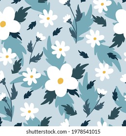 Vector floral pattern blue monochrome. Hand drawn seamless texture with shades of blue and white flowers   