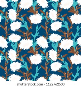 Vector floral pattern with bold flower shapes on blue background. Seamless vector pattern in fall autumn color. Autumn floral background in vintage style. Bold print with leaf and flower silhouettes