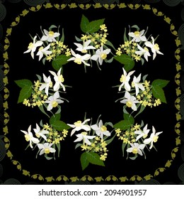 Patrón vectorial floral, ramo de flores de daffodils, pequeñas inflorescencias amarillas sobre un fondo oscuro. Antecedentes para el diseño de bufanda, hijab, servilletas.