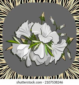 Vector floral pattern bouquet white of flowers and wavy lines beams for design of headscarf, hijab. Bouquet of flowers with buds in the center of a square with a wavy frame on a black background.