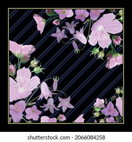 Patrón vectorial floral, ramos de flores silvestres rosas sobre un fondo negro contrastante con una franja diagonal, para chales de tela, hijab, manteles.