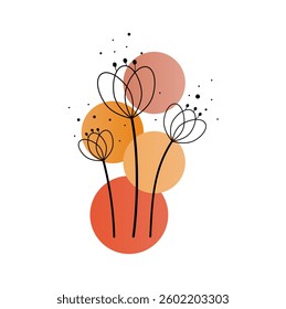 Vector floral pattern with bright details on white background, illustration, decor. Drawing for decorating the cover, sticker, flowers on the background of multi-colored circles with a white
