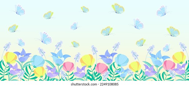 Vector floral pattern with bright wildflowers and flying butterflies. On a soft blue background with a gradient. Panoramic horizontal illustration. Floral background in a fabulous style