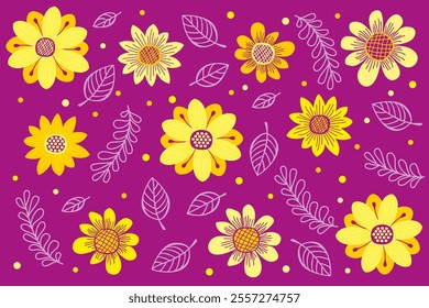 vector floral pattern bright yellow flowers and delicate lilac leaves on purple background, hand drawn in cute naive style