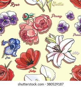 Vector floral pattern. Floral collection with leaves and flowers, drawing. Spring or summer design for invitation, wedding or greeting cards