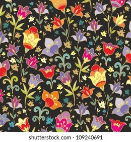 Vector floral pattern with colorful bellflowers on black background