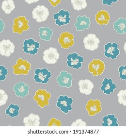 Vector floral pattern with colorful blooming flowers on gray background. Floral vector illustration.