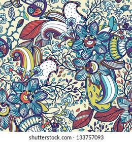 vector floral pattern with colorful fantasy flowers and plants