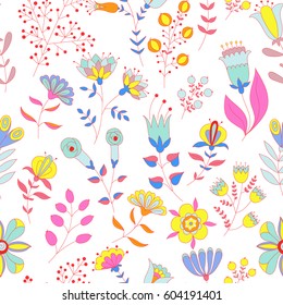 Vector floral pattern. Colorful seamless botanic texture, detailed flowers illustrations. Doodle style, spring floral background.