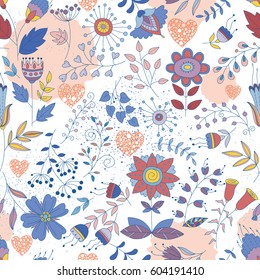 Vector floral pattern. Colorful seamless botanic texture, detailed flowers illustrations. Doodle style, spring floral background.