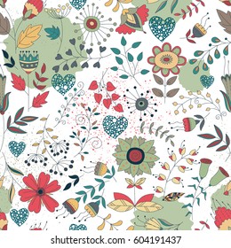 Vector floral pattern. Colorful seamless botanic texture, detailed flowers illustrations. Doodle style, spring floral background.