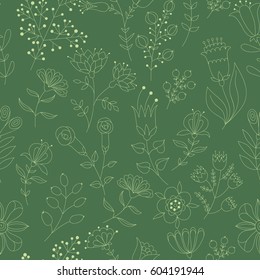 Vector floral pattern. Colorful seamless botanic texture, detailed flowers illustrations. Doodle style, spring floral background.