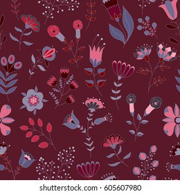 Vector floral pattern. Colorful seamless botanic texture, detailed flowers illustrations. Doodle style, spring floral background.