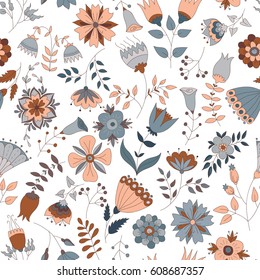  Patrón floral vectorial. Colorida textura botánica sin fisuras, ilustraciones detalladas de flores. Estilo Doodle, fondo floral primaveral.