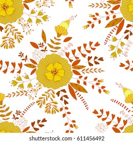 Vector floral pattern. Colorful seamless botanic texture, detailed flowers illustrations. Doodle style, spring floral background.