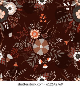 Vector floral pattern. Colorful seamless botanic texture, detailed flowers illustrations. Doodle style, spring floral background.