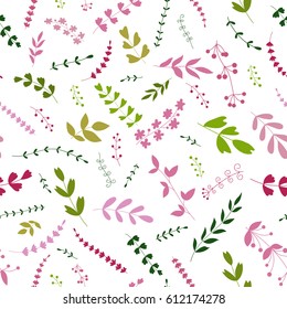 Vector floral pattern. Colorful seamless botanic texture, detailed flowers illustrations. Doodle style, spring floral background.