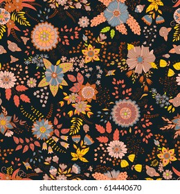 Vector floral pattern. Colorful seamless botanic texture, detailed flowers illustrations. Doodle style, spring floral background.